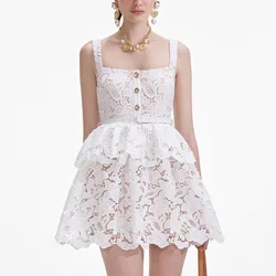 Luxury Embroidery Lace Short Cake Dresses Women Summer Strap Single Breasted Ruffle Hollow Out Backless Sexy Evening Party Dress