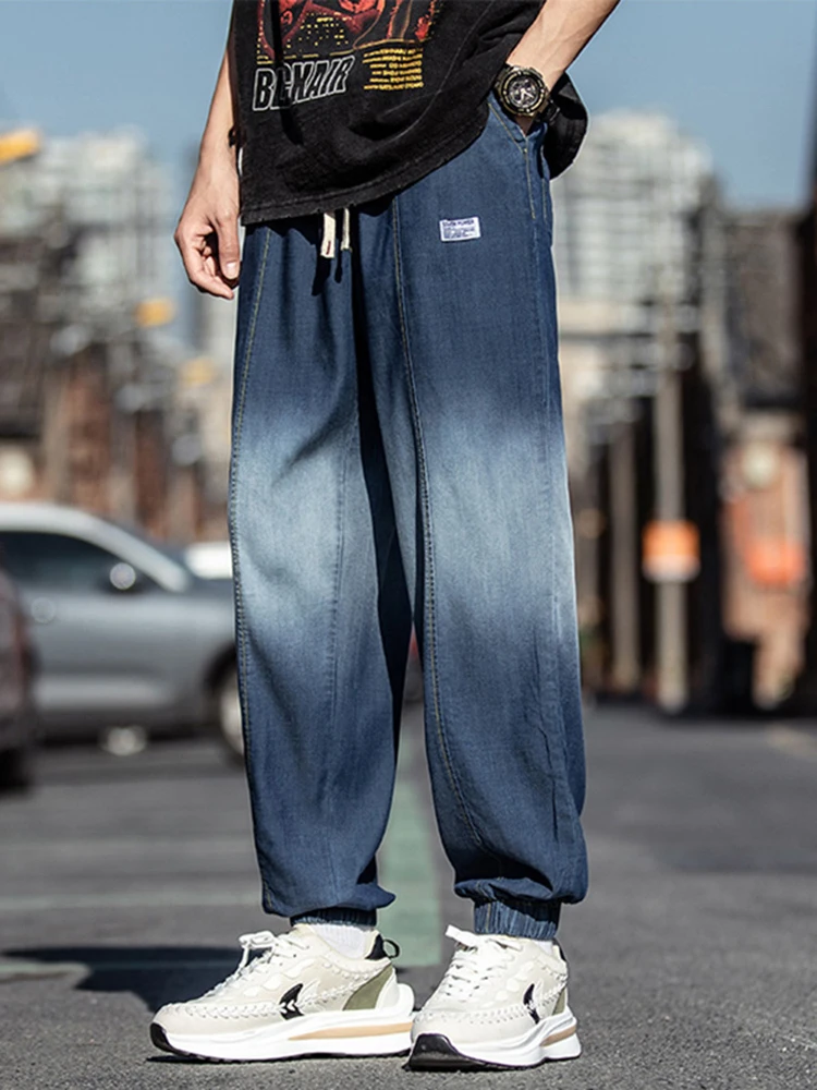 

Graduated Color Silk Denim Jeans Men's Summer Thin Ice Silk Pants Loose Fit Harlan Nine-Piece Cuffed Trousers Trendy Youthwear