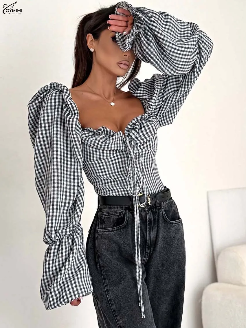 Oymimi Elegant Yellow Print Women's Blouse Fashion V-Neck Puff Sleeve Lace-Up Blouses Autumn Slim Open Back Blouses Streetwear