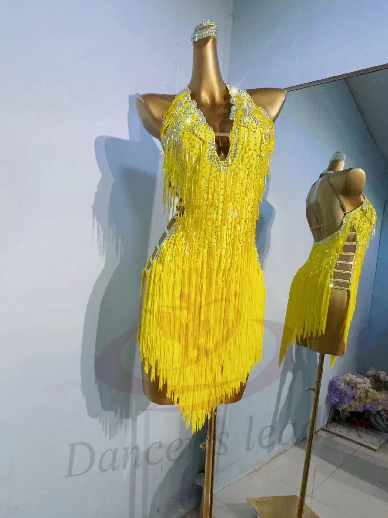 Latin Dance Competition Women's High-end Custom Yellow Tassel Exposed Side Leg Rumba Tango Performance Dress