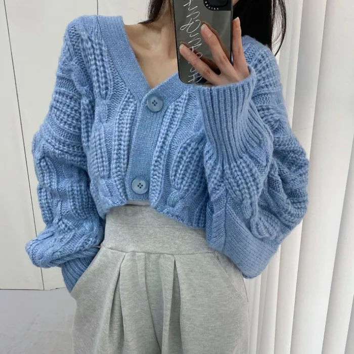 

Chic V-Ne Single-Button Loose Knitted ort Cardigan Women's Faion Lazy Sle Striped Sweater Coat Warmth Heat Pure Color...
