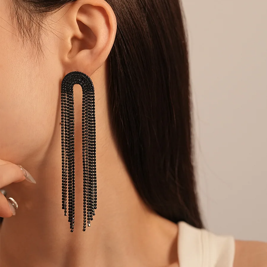 Black Rhinestone Long Tassel Drop Earrings for Women Shiny Full Crystal  Dangle Earring for Wedding Party Lady\'s Ear Jewelry