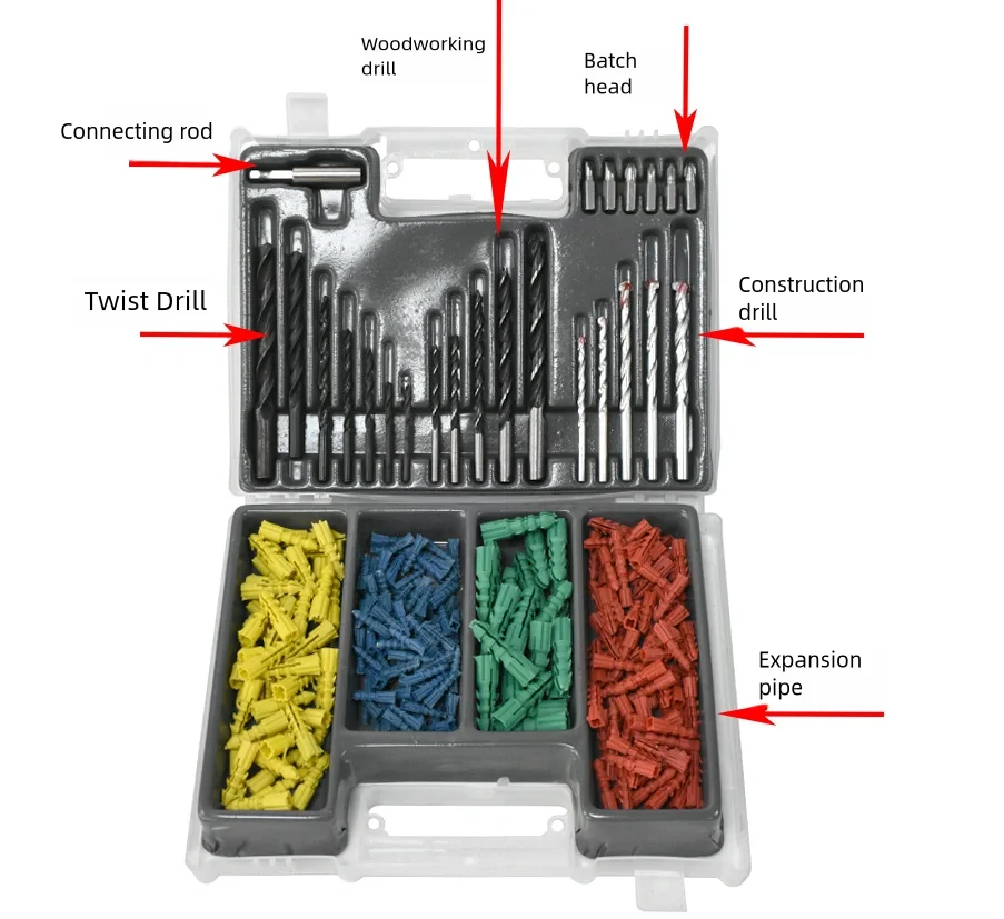 300pcs set of twist drill bits wholesale builder's drill tri-tip woodworking drill bits connecting rod expansion drilling screws