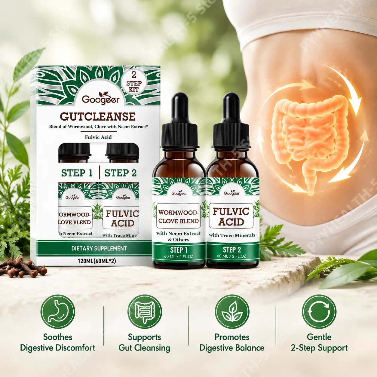 GutCleanse Drops 2-Step Kit Ease Digestive Discomfort with Neem Extract & Fulvic Acid Boosts Mineral Utilization 120ML 2bottle
