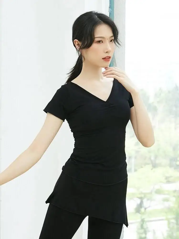 Solid Color V Neck Drawstring Slim Fit Dance Top Women Classical Dance Performance Practice Stage Costume Elegant Training Shirt