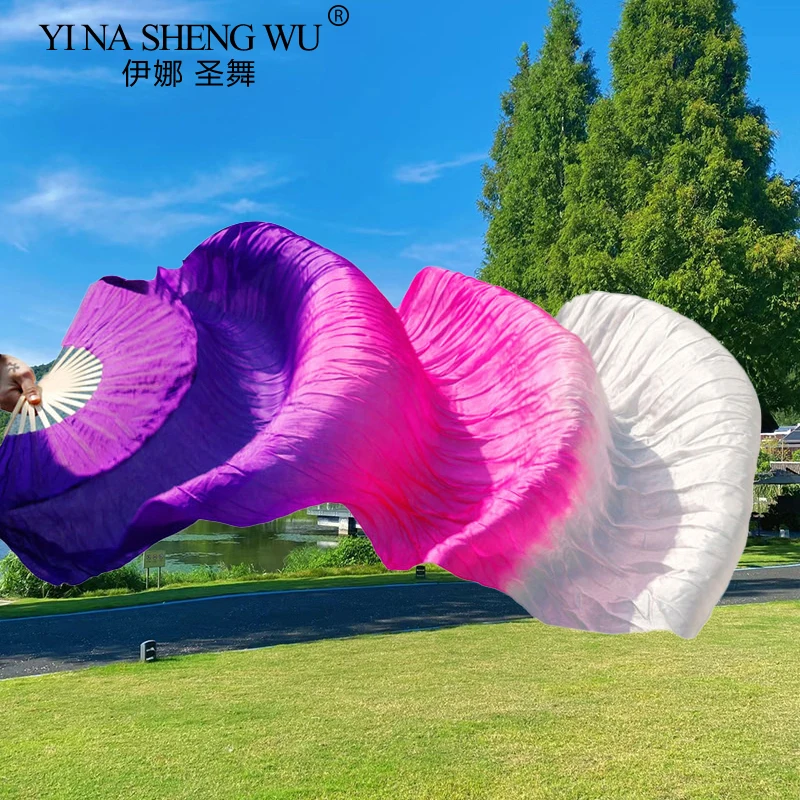 100% Real Silk Fan Veils for Belly Dance Bamboo-Ribs Folding Silk Fan Chinese Gradient Hand Made Dyed Fan Tie-dye Color 1PC