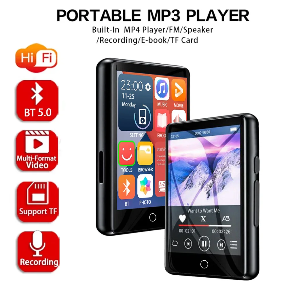 2.5''Full Screen MP3 MP4 For Walkman Student Version Ultra-thin Bluetooth Portable Touch Screen Music Player 128G/64G/32G