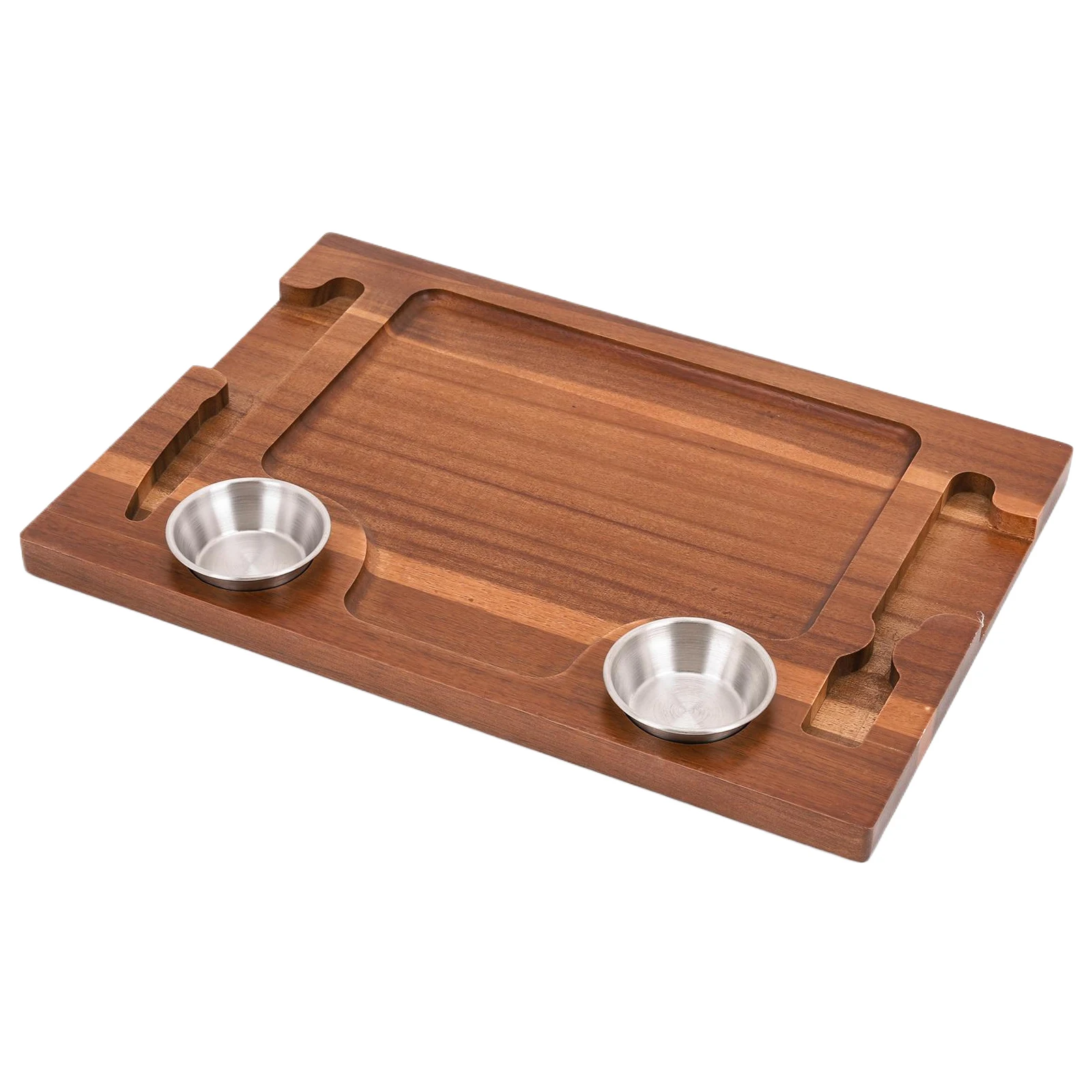 

Acacia Wood Steak Plate Board for Eating, Meat Cutting Board for Steak Food Serving Tray with 2 Sauce Cups for Family Dinners