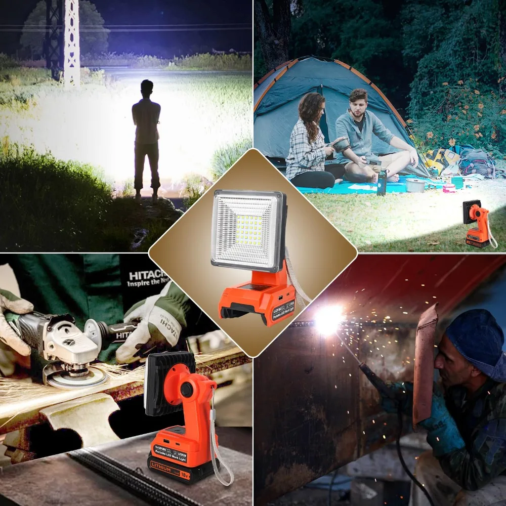 Portable LED Work Light Rechargeable Camping Light for Black&Decker 20V Batteries with Quick Charge Port for Indoor Outdoor Use