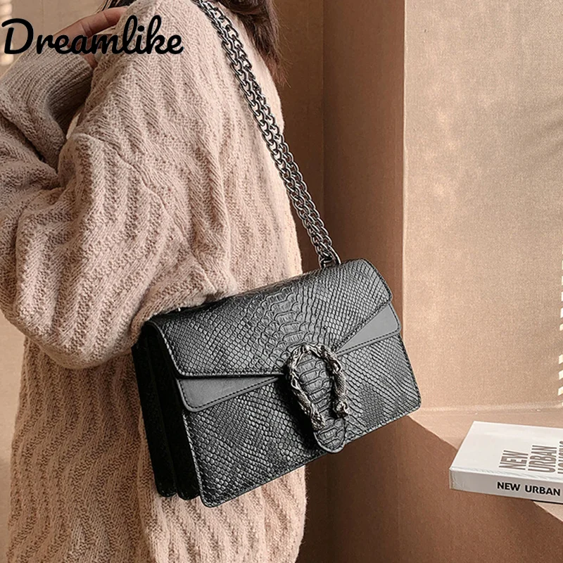 

Retro Fashion Chain Shoulder Bag Luxury Small Square Bag For Women Snake Pattern Crossbody Underarm Bags