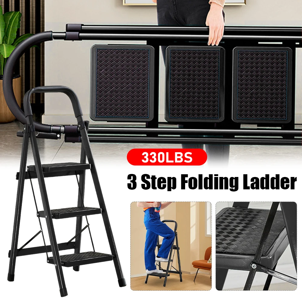 3 Step Folding Ladder Sturdy Portable Stepping Stools 330lbs Capacity Wide Platform Steps Ladder Chair for RV Attic Daily Home