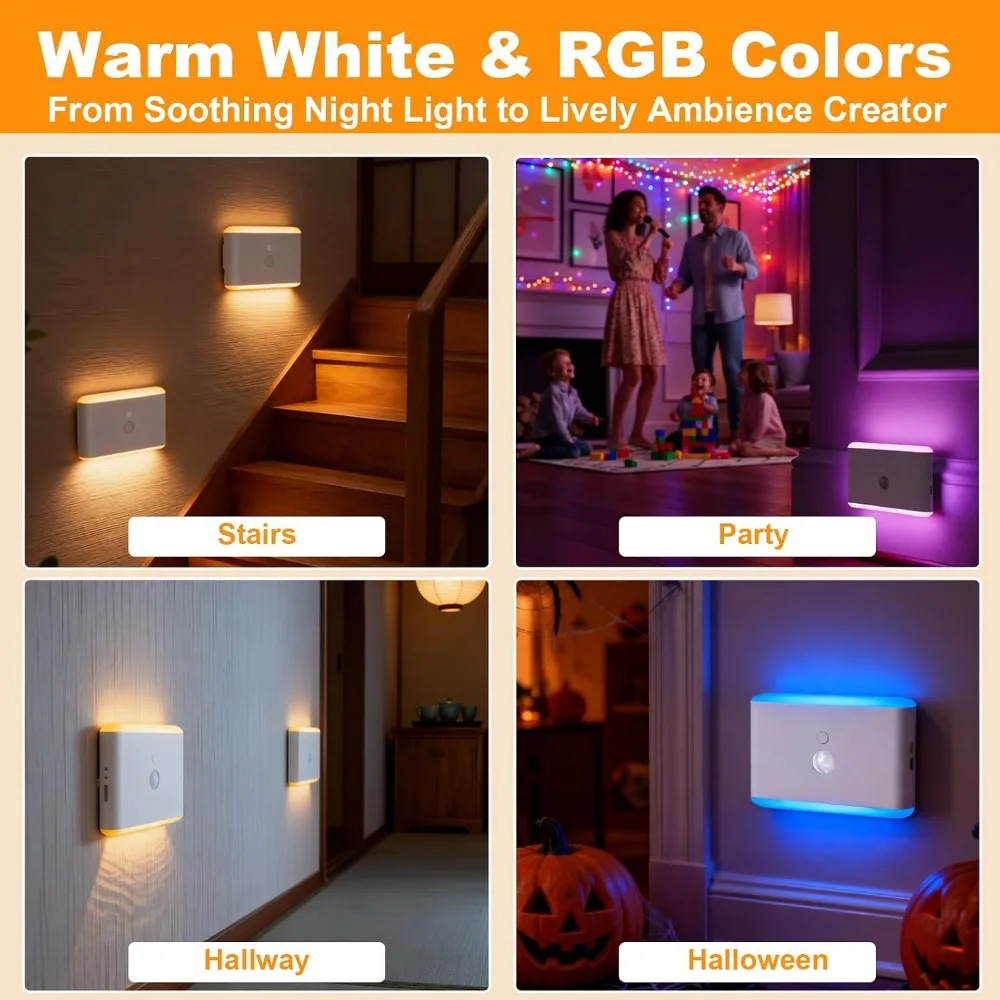 Rechargeable Motion Sensor Night Light 2-Pack, Warm & RGB Dimmable, Magnetic LED for Bedroom, Bathroom, Hallway view 2