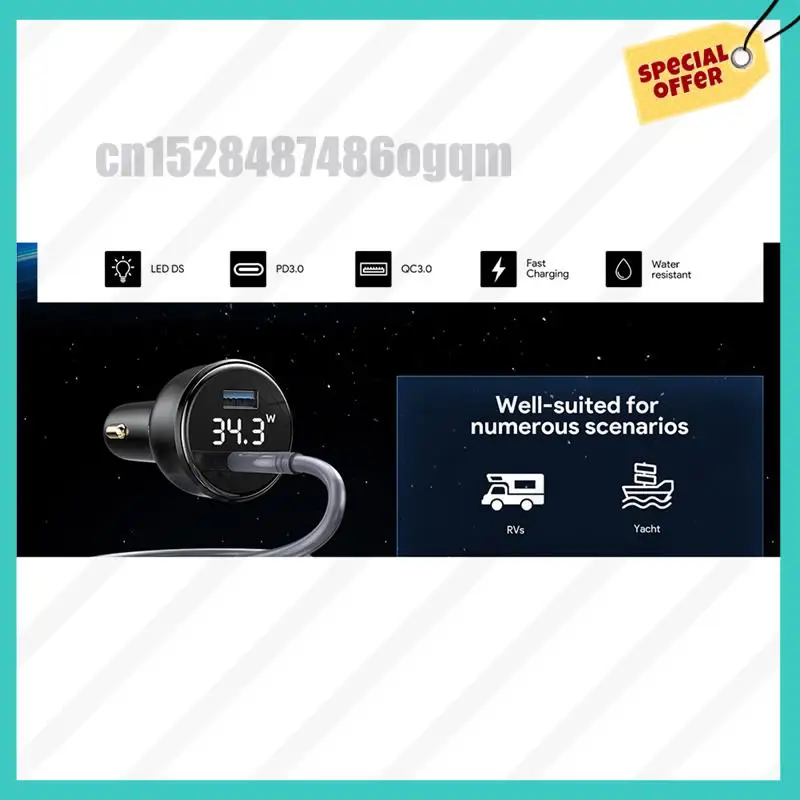 -ABJZ لشاحن سيارة Starlink Mini 100W 2 في 1 مع كابل 3 أمتار من النوع C إلى تيار مستمر شاشة LED إدراج ثقب ولاعة السجائر