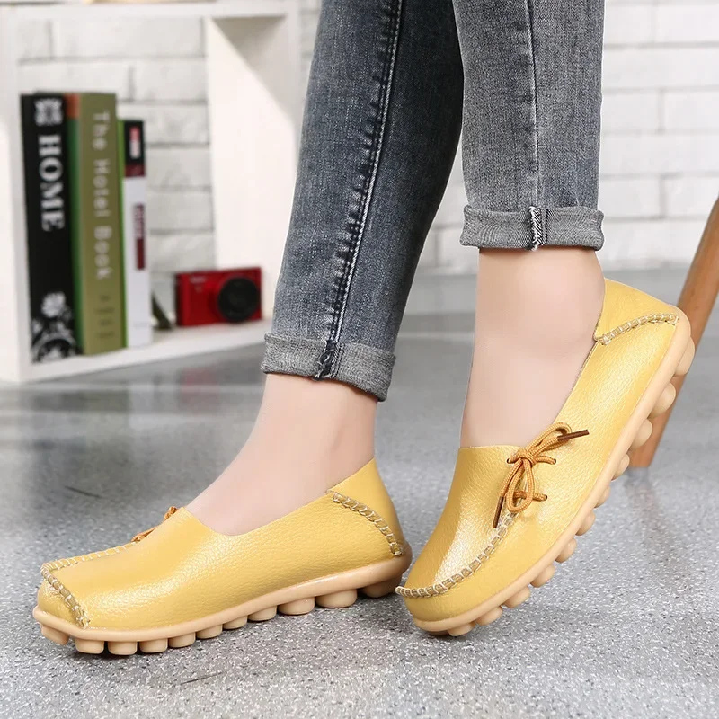 New Moccasins Women Flats 2024 Autumn Woman Loafers Genuine Leather Female Shoes Slip On Ballet Bowtie Women\'s Shoes Big Size