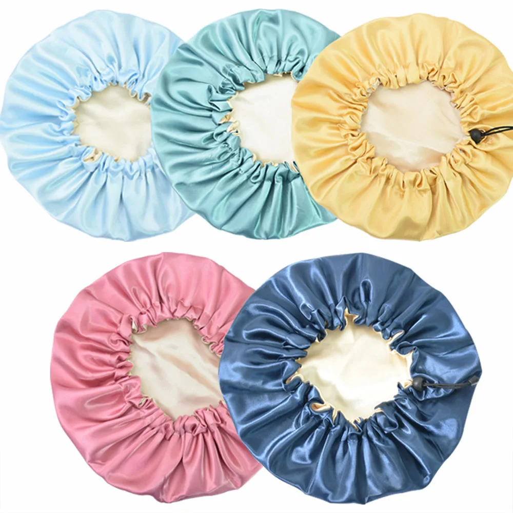 Waterproof Bath Hat Women Shower Cap Elastic Reusable Bath Hat Bathroom Double Layers Hair Cover Women Bathroom Accessories