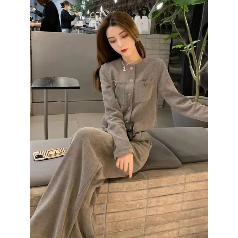 

Autumn Winter Women's Fashion Two Piece Set Long Sleeve Pullover Solid Color Round Neck Top+Wide Leg Pants Casual Set Ladies