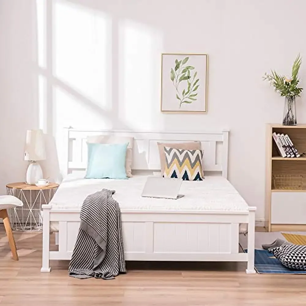 

Full White Wood Bed Frame Headboard Footboard 12 Slat Support No Box Spring Needed Modern Design 78.5"L x 57.5"W x 37.8"H 440lb