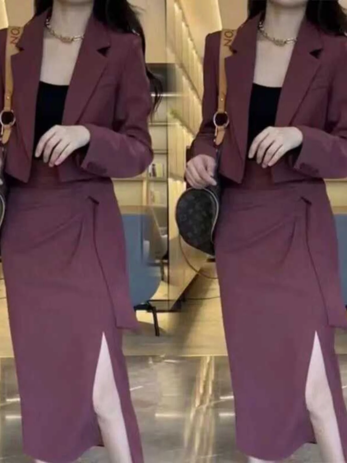 

Fall Faion High Waist A-Line Skirt Tee-Piece Set Women's Premium Feel Suit Top Split High Waist Midi Skirt Long Sve