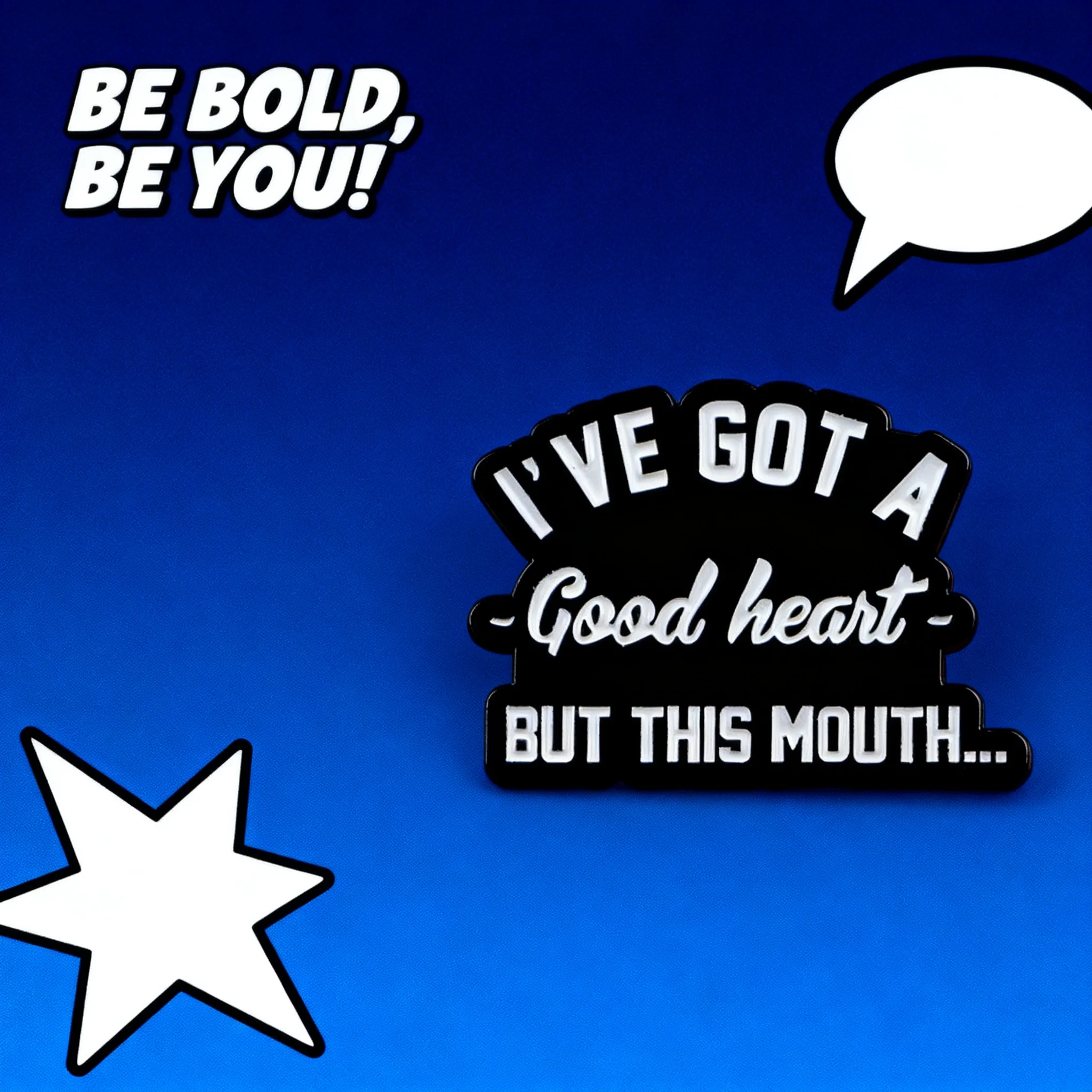 

Funny Badges Enamel Pin Quotes Good Heart But This Mouth Brooches Hat Lapel Pins Cosplay Accessories Toys Gifts for Men Women