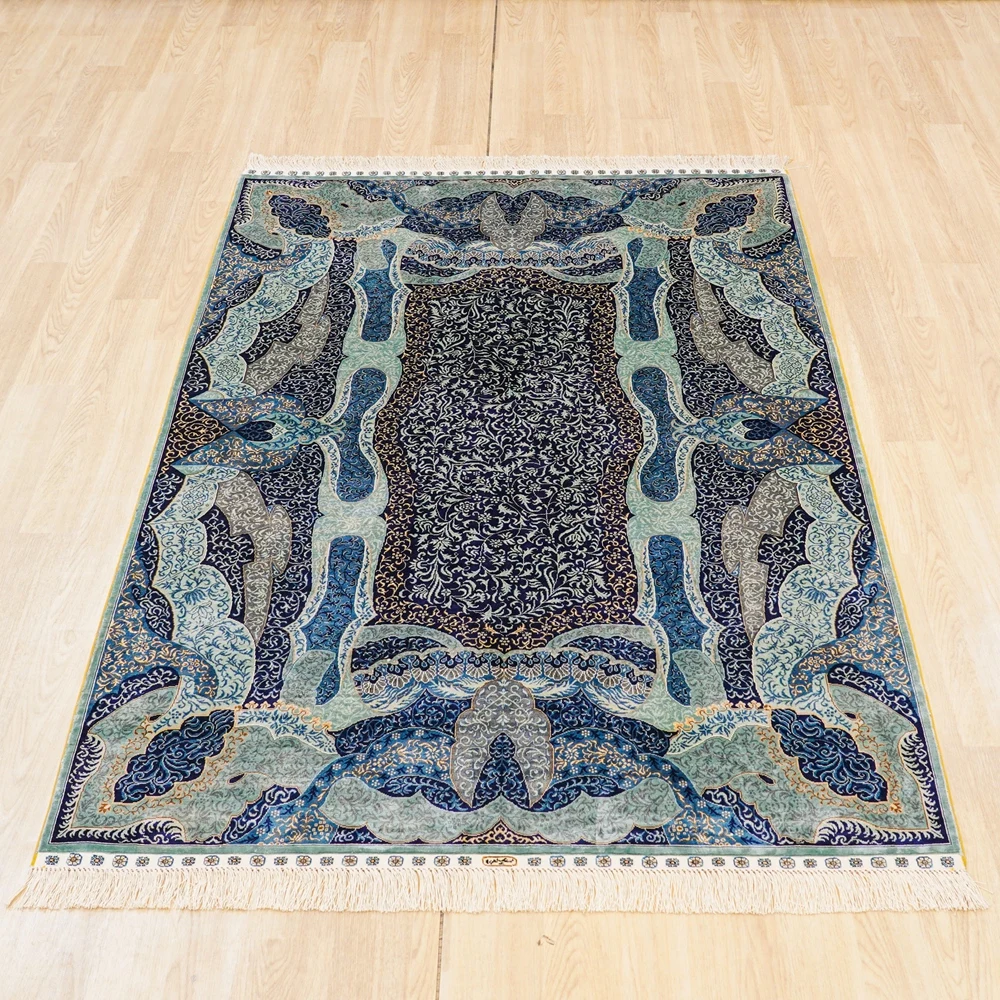 

122x183cm Classic Handmade Persian Rugs Blue Turkish Silk Carpet