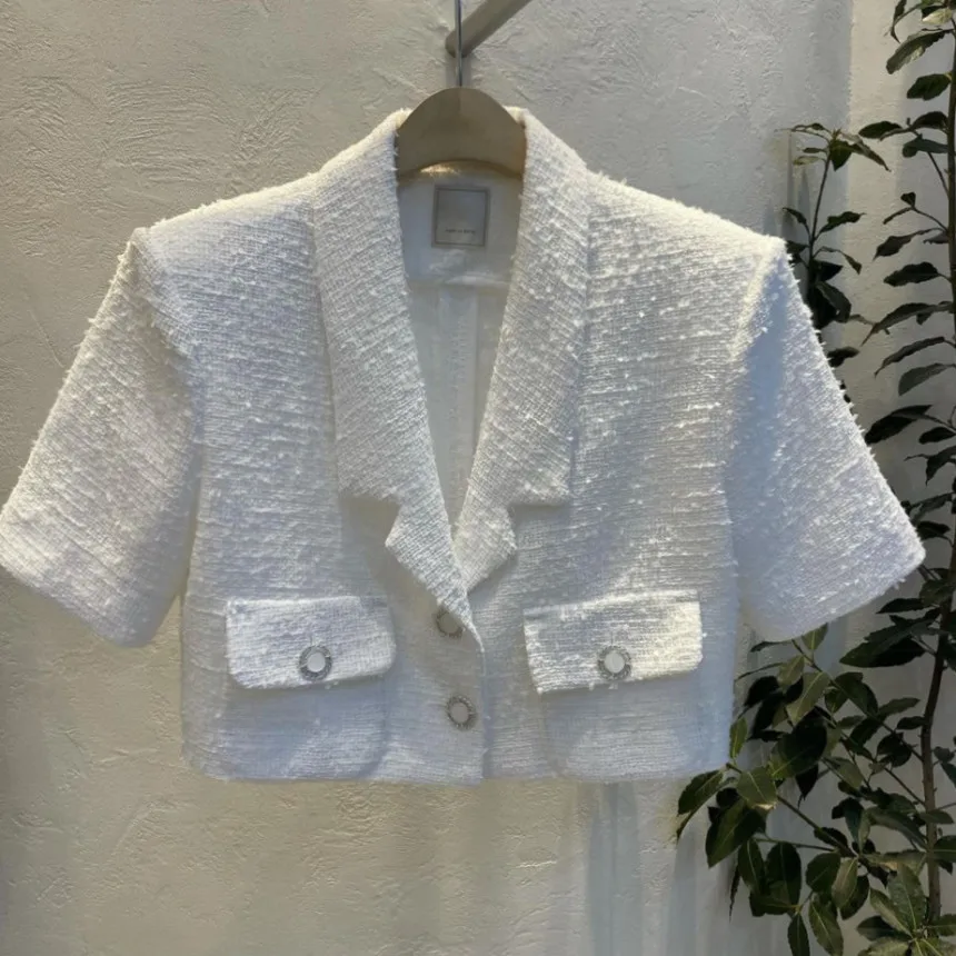 شيك شارع العليا قصيرة الأكمام سترة المحاصيل للنساء الصيف بلون بدلة أنيقة أبلى جيوب سيدة رداء قصير