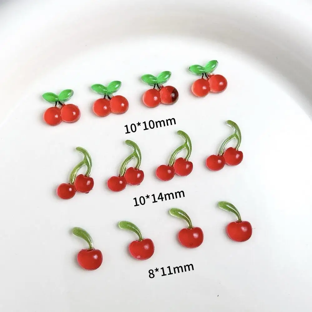 30PCS Kawaii Creative Simulated Cherry Resin Nail Charms 3D Ice Transparent Red Flat Bottomed Cherry Nail Art Decorations DIY
