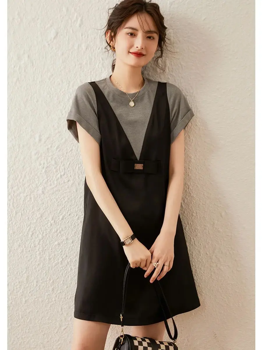 LOUIS YAO Women Dress Contrast Color Loose Fit A-line Knee-length Round Neck Short Sleeve Bow Office Lady Black Dress