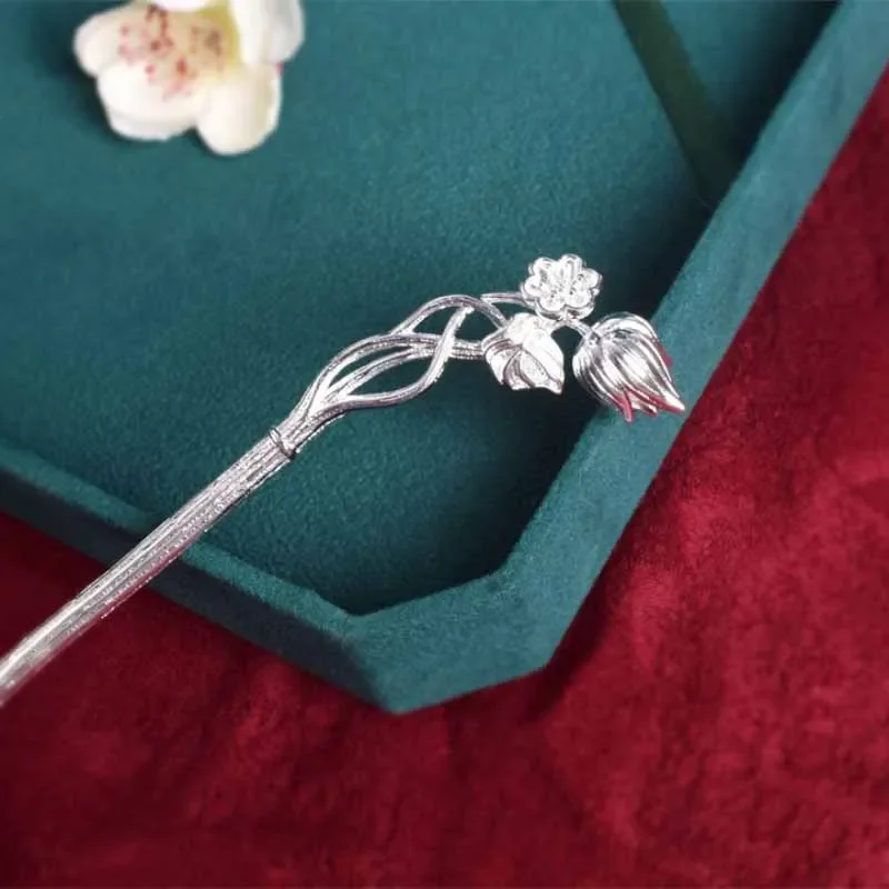 Designer new Thai silver retro hairpin Chinese style exquisite flowers hair jewelry light luxury charm classic hanfu accessories