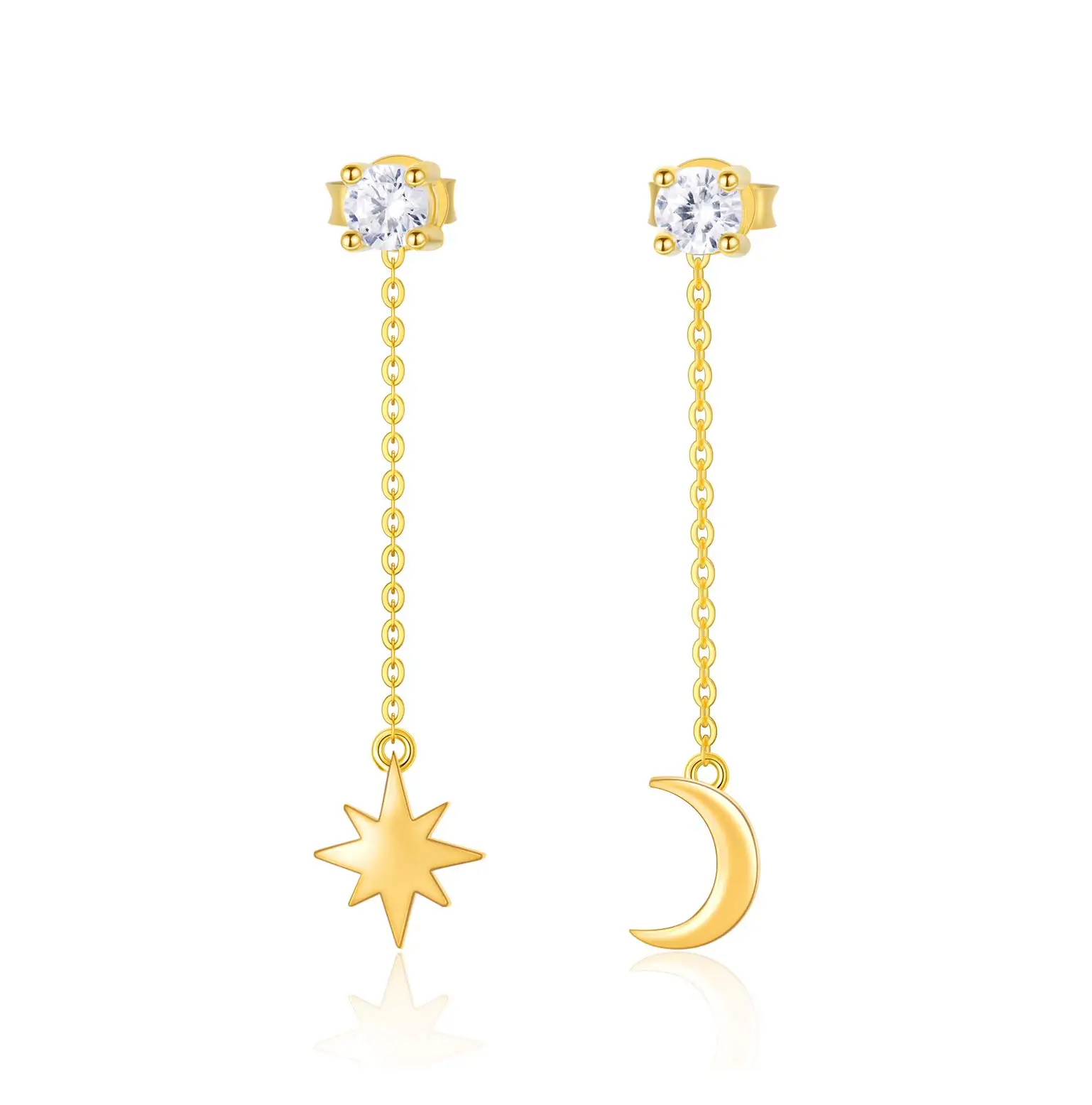 

YFN 14k Gold Moon and North Star Earrings Real Gold Cubic Zirconia Stud Drop Earring for Women Dangle