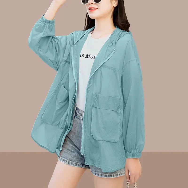 2024 Summer Women's Thin Coat Long Sleeve Jacket Hooded Outdoor Thin Tops Streetwear Korean Fashion Sun Protection Clothing