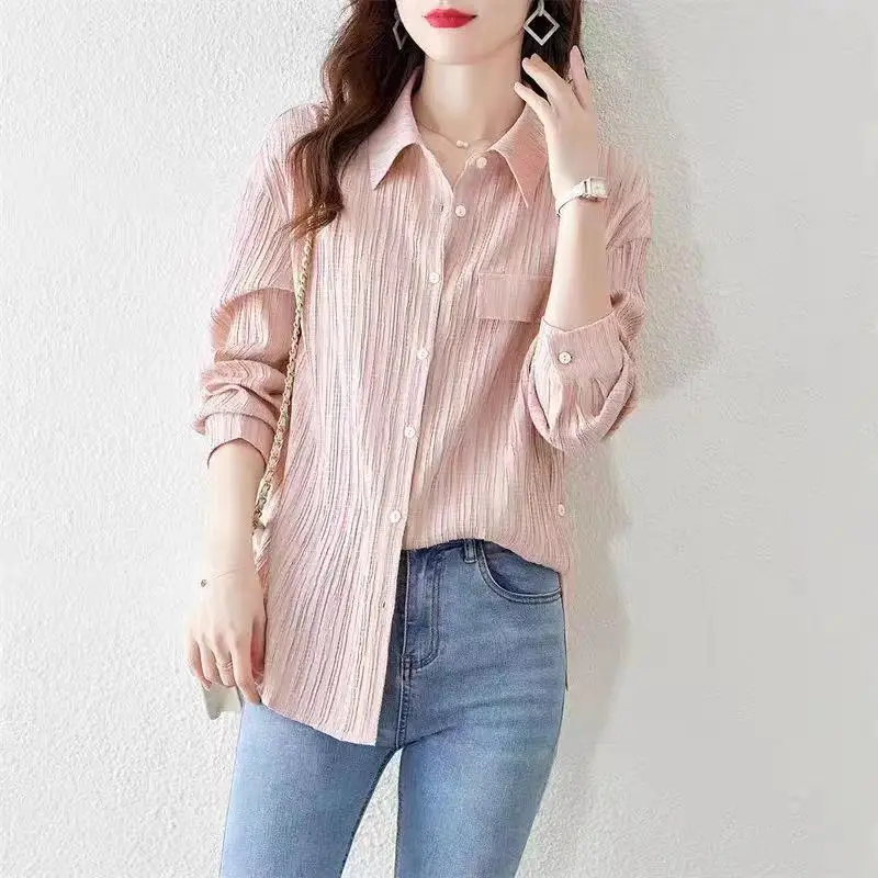 

Шикарный антивозрастной длинный женский весенний новый свободный топ Sli, красивый корейский однотонный воротник на пуговицах