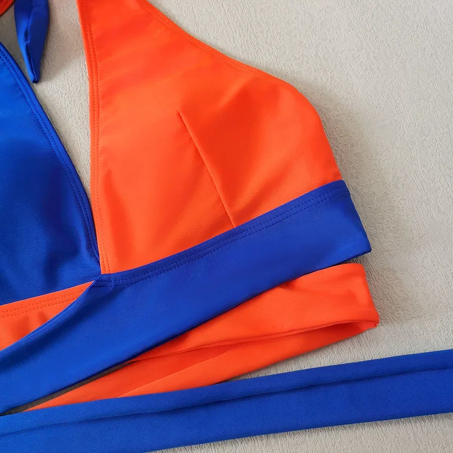 Conjuntos de bikinis sexys de retales en azul y naranja, trajes de baño de dos piezas con anillo halter y vendaje, ropa de playa, traje de baño, bikini tankini