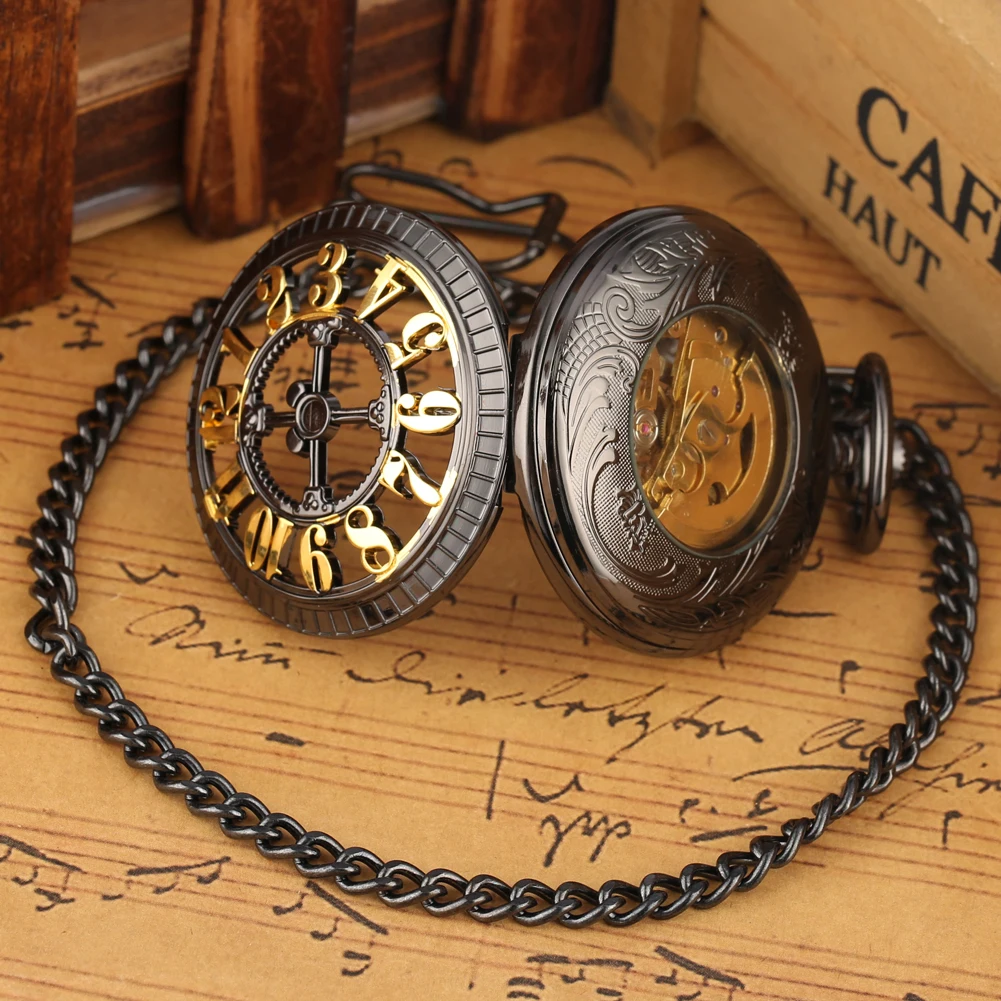 Reloj de bolsillo mecánico de cuerda automática para hombre, pulsera con diseño de números arábigos dorados, cadena colgante antigua, color negro, estilo Retro