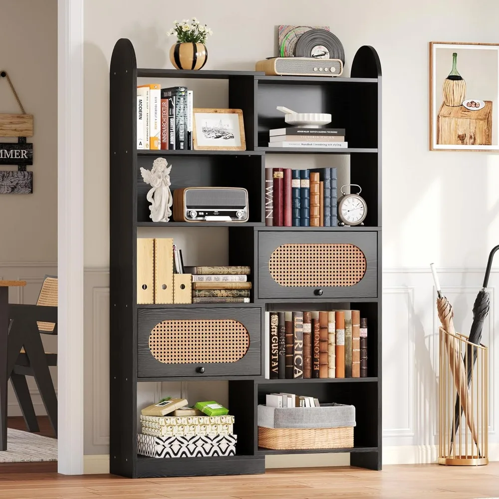 

Книжный шкаф-стеллаж с 2 откидными шкафчиками из ротанга, 6-ярусный, 8-секционный, с полками для хранения, на заказ