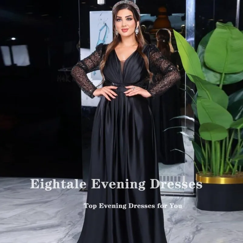 Eightale Arabic Evening Dress V-Neck Sequined Long Sleeves Customized Prom Wedding Party Gowns A-Line Satin Robe De Soirée