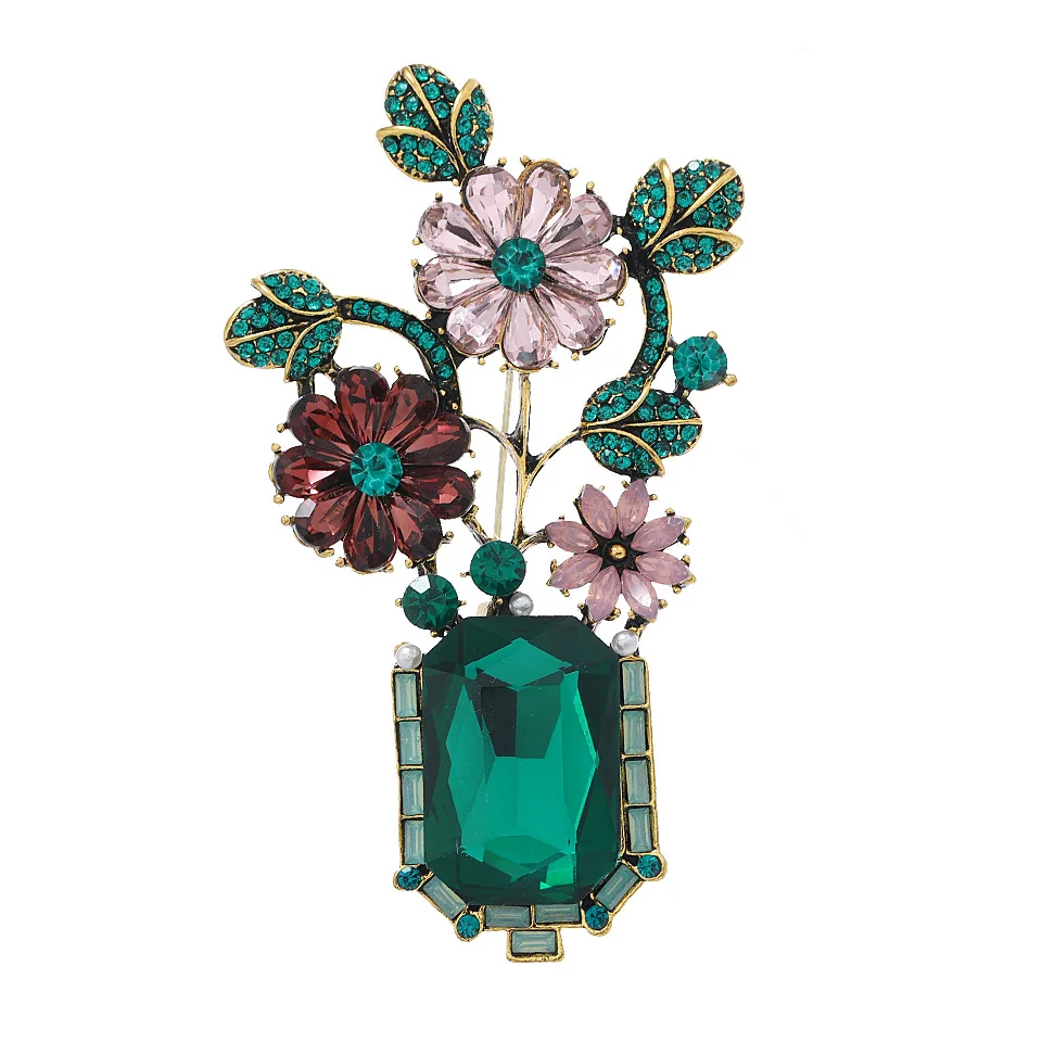 

Vintage Large Crystal Flower Vase Brooches For Women Men Elegant Luxury Design Rhinestone Sun Flower Brooch Pins Jewelry Gifts