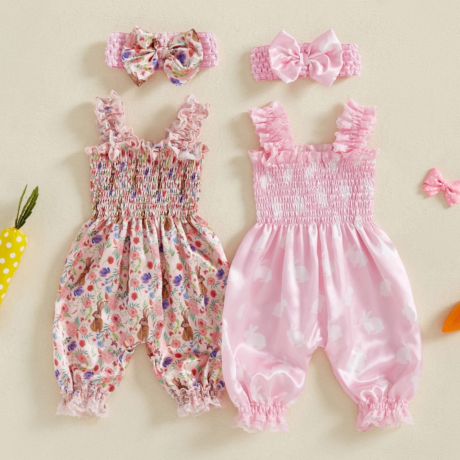 FOCUSNORM 6 Style Newborn Baby Girls Easter Romper Outfits Sleeveless Rabbit Egg Print Smocked Jumpsuits + Headband