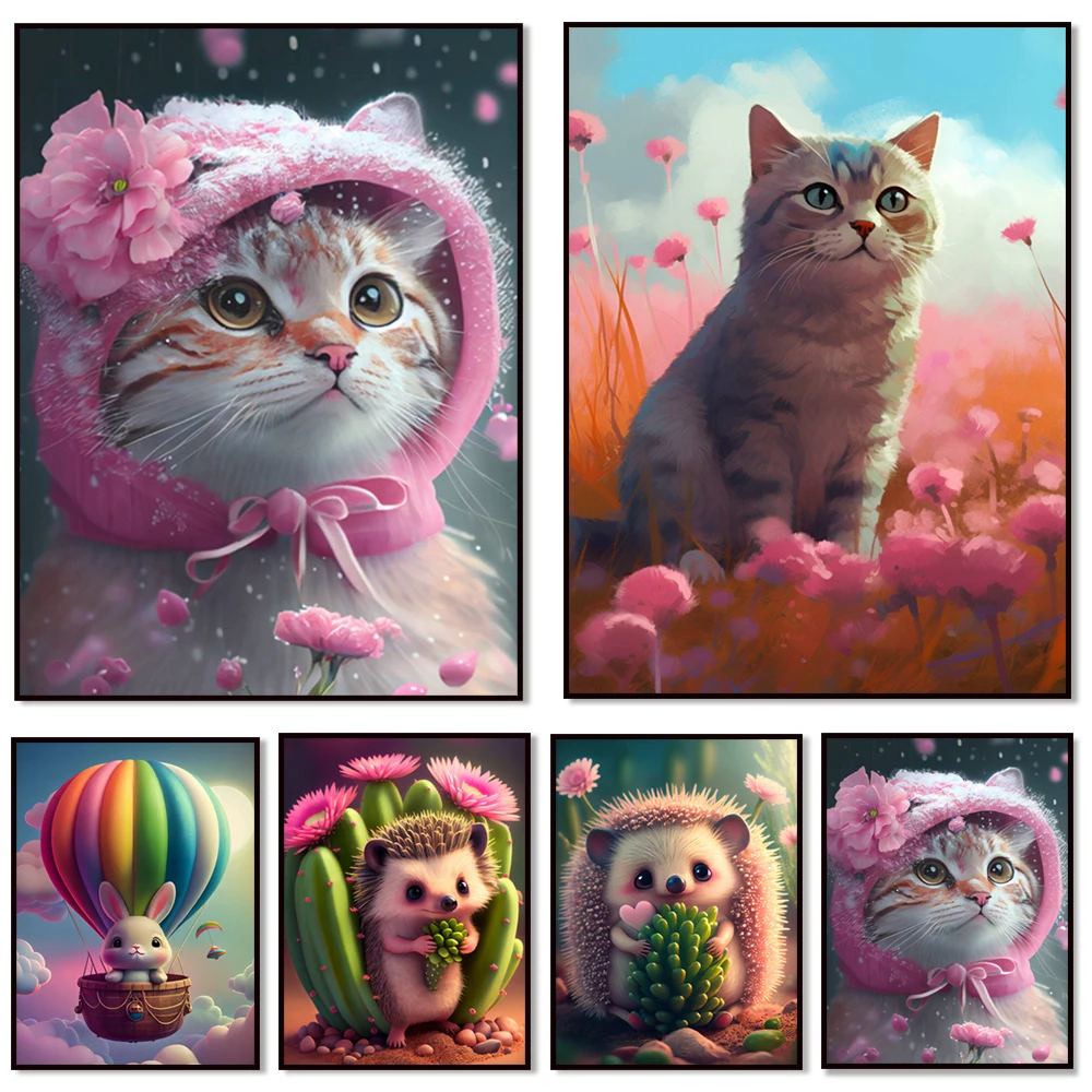 Lindo erizo abrazando cactus, conejita cielo maravillas, conejito en globo aerostático, gato sentado entre flores, lindo regalo de cartel de gato de nieve