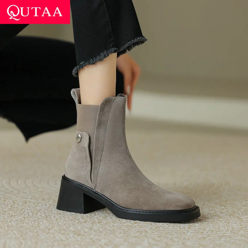 

QUTAA 2024 New Women Ankle Boots Basic Autumn Winter Square High Heel Genuine Leather Shoes Woman Round Toe Office Size 34-39