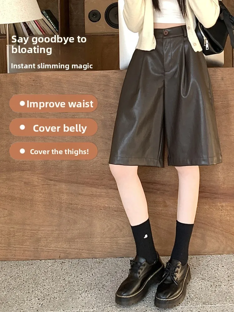 Pantaloni a gamba larga a trapezio a vita alta retrò Sle Pantaloni ort casual larghi da donna Bla PU Leather Pendolari Sle Color