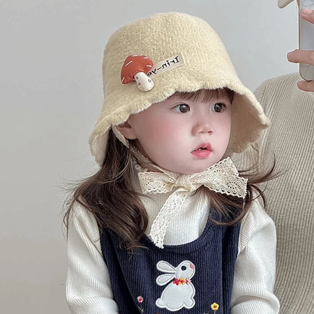 

Soft Kids Warm Knitted Hat Solid Color Mushroom pattern Baby Bucket Hat Windproof Breathable Toddler's Plush Knitted Hat