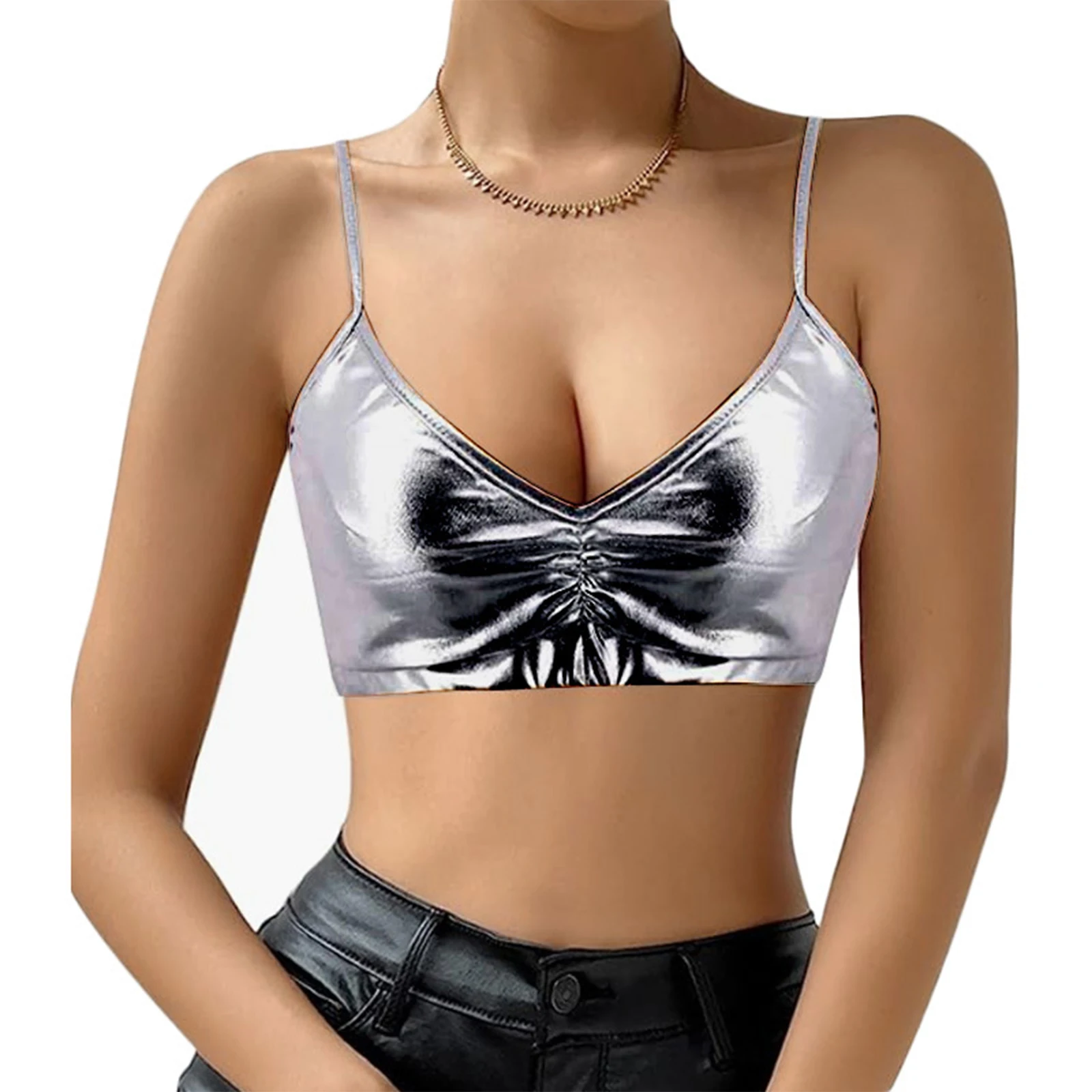 Metallic Shiny Women Fashion Deep V Neck Camisole Lady Patent Leather Spaghetti Straps Crop Top for Rave Party Carnival Festival