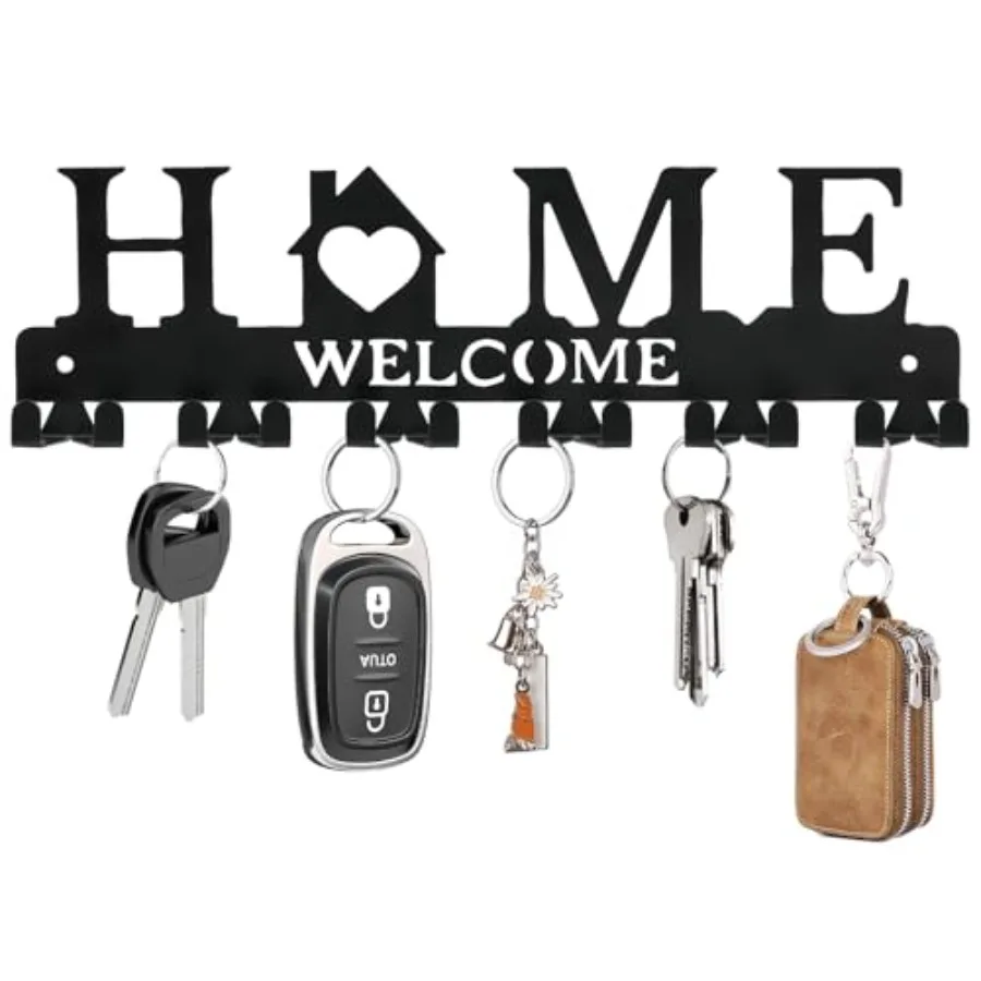 Key Holder Wall Mount, Adhesive Metal Key Hanger with 6 Double Hooks, 2 Installation Methods, Black