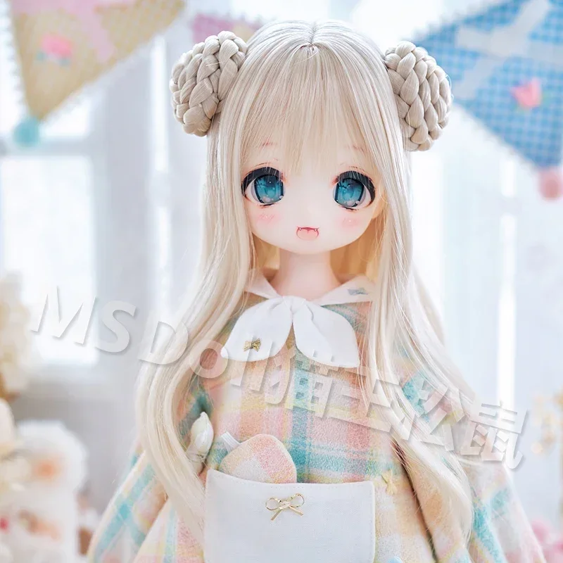 Franja fina cabelo longo encaracolado com pães duplos boneca peruca bonito 1/3 1/4 mdd bjd peruca material de seda de alta temperatura acessórios de boneca