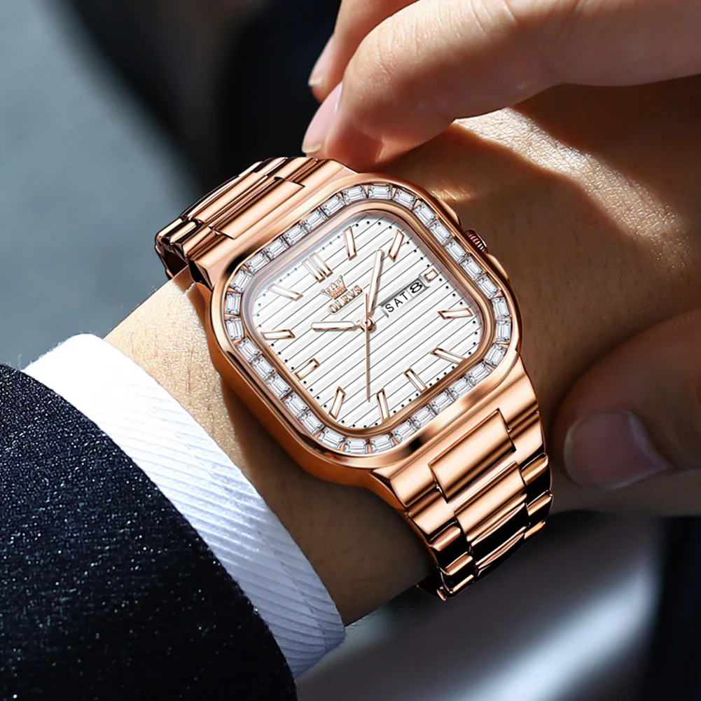 

OLEVS Роскошные мужские часы из розового золота с квадратным циферблатом из нержавеющей стали, водонепроницаемые мужские кварцевые часы с датой, модные мужские часы-календарь