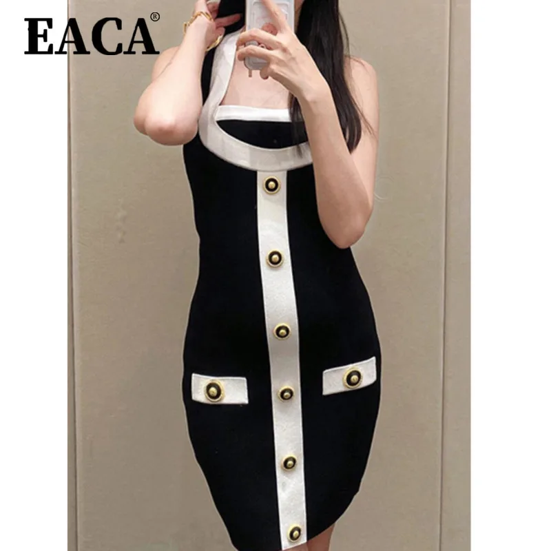 

EACA 2025 Summer New Women Small Fragrant Wind Sexy Spicy Contrast Color Hanging Collar Knitted Slim-fit Bag Buttock Short Dress