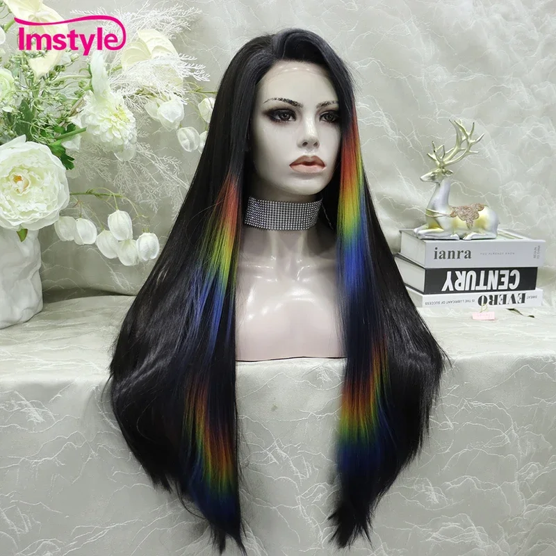 Imstyle วิกผมวิกผมปลอมสีดำตรงสังเคราะห์ด้านหน้าเน้นวิกผมยาวสีสันสดใสทนความร้อนวิกผมผู้หญิงไฟเบอร์