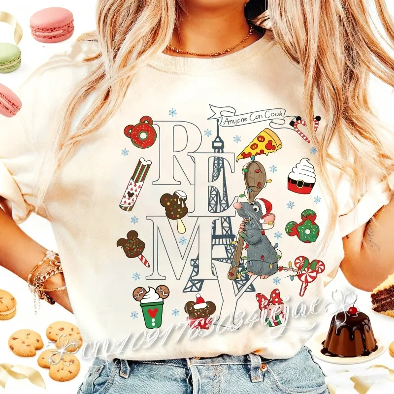 2025 الصيف ديزني راتاتوي ريمي ماوس أضواء عيد الميلاد 100% القطن تي شيرت مطبوع ريمي الشيف عيد الميلاد فقط هنا وجبة خفيفة #1