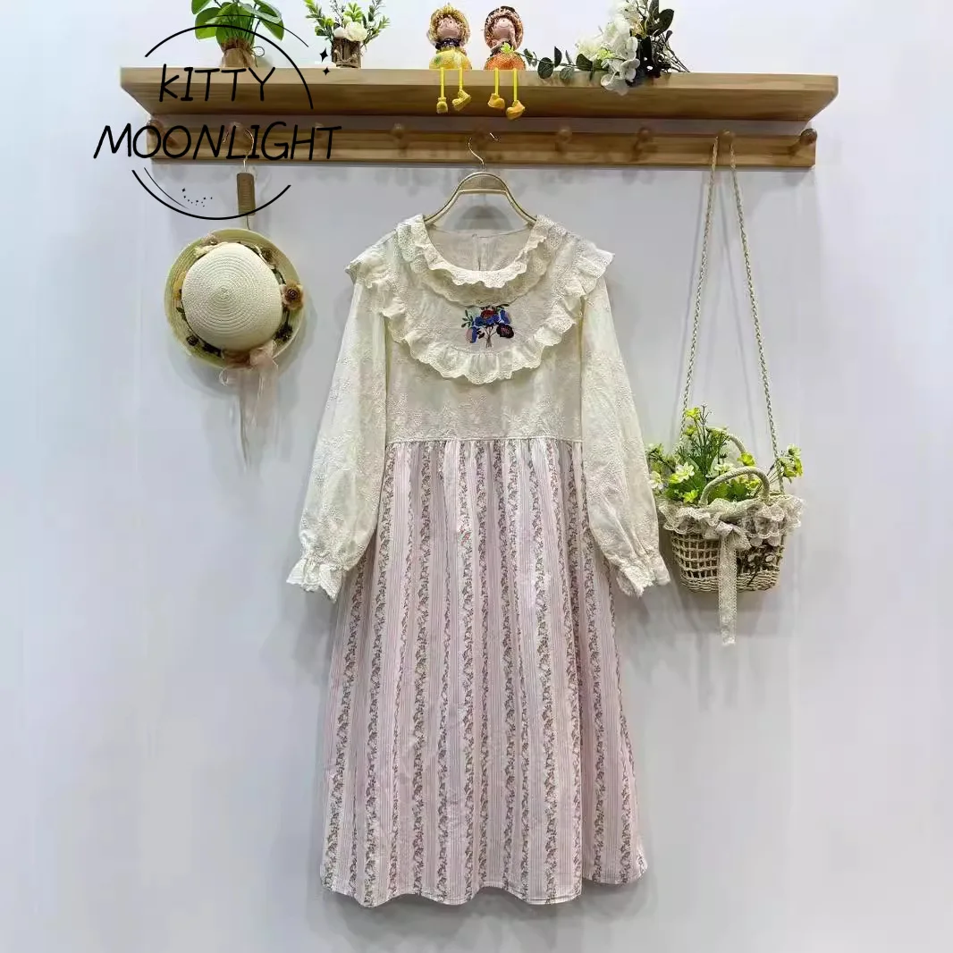 Vintage Embroidered Cotton Linen Stripe Dress Japan Mori Kei Peter Pan Collar Lantern Long Sleeve Dresses Autumn Loose Vestidos