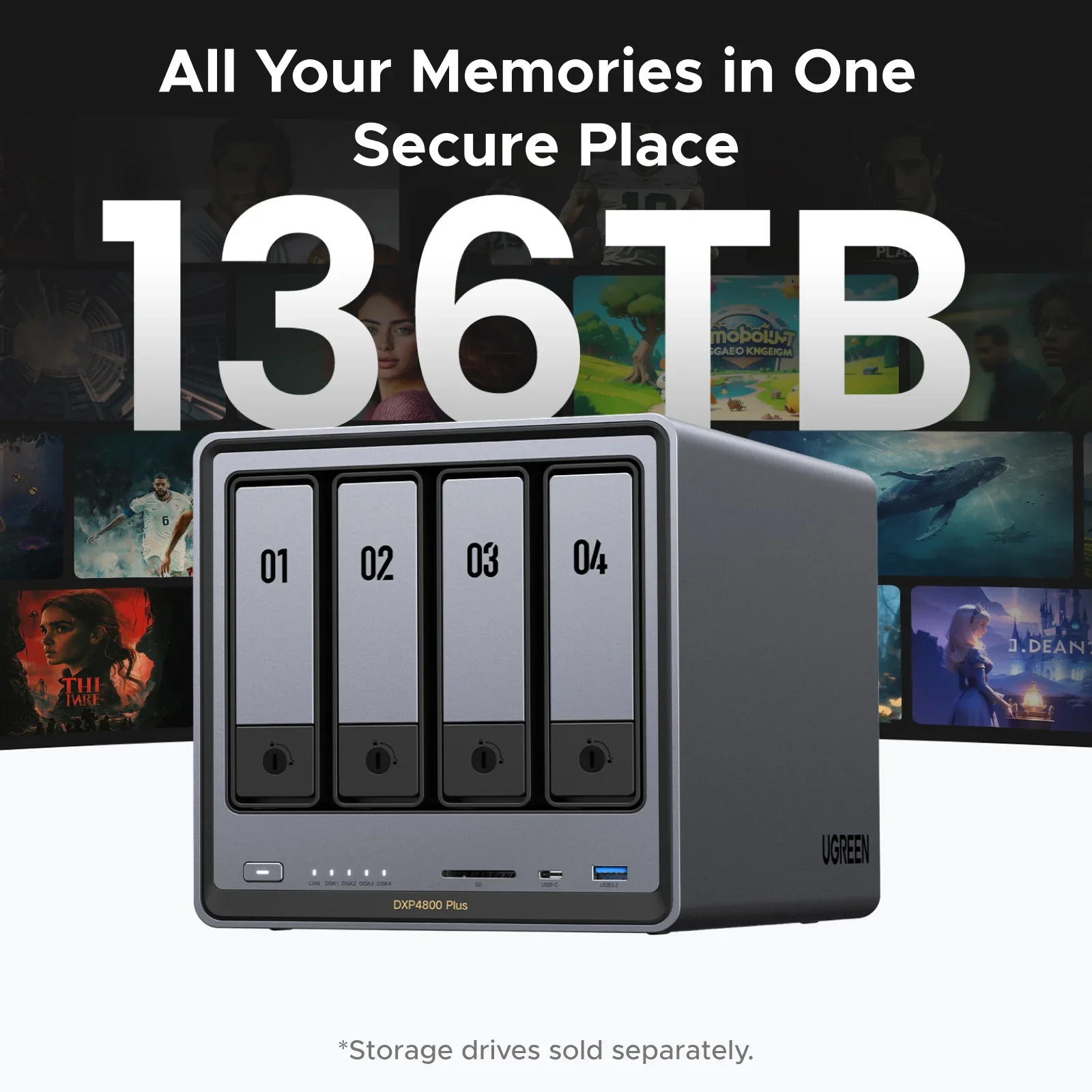 UGREEN NASync 스토리지 DXP4800 4베이, N100 쿼드코어 CPU, 8GB DDR5 RAM, 2x 2.5GbE LAN, 4K HDMI, 디스크 미포함